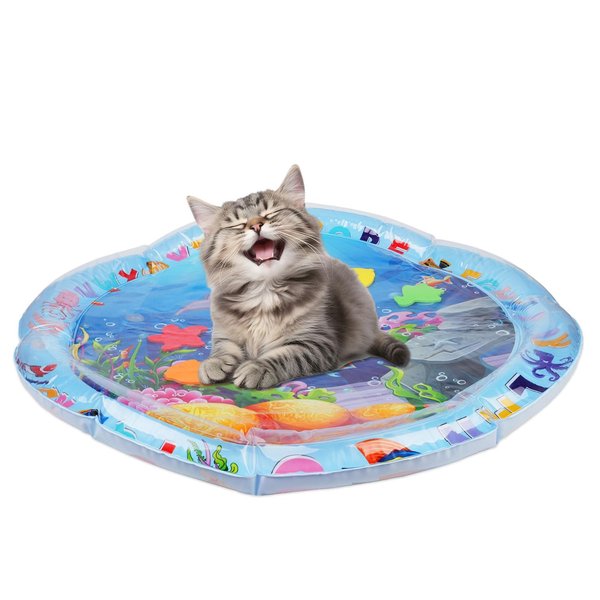 NQEUEPN Cat Water Play Mat, Cool Comfort Cat Play Pad Fun Pet Water Play Interactive Sensory Water Pad Toy for Pet Dog Cat Water Play Alone (Round Gray Whale)
