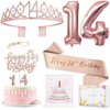 8pcs 14th Birthday Decorations for Girls, Including 14 year old Birthday Cake Topper, Birthday Queen Sash with Pearl Pin, Sweet Rhinestone Tiara Crown, Number Candles and Balloons Set, Rose Gold