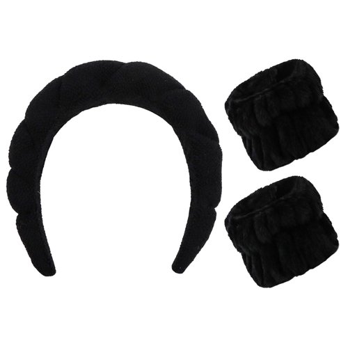 Casoty Black Puffy Headband and Wristbands Set, Skincare Headbands, Spa Headband and Wristband Set, Makeup Hair Band for Face Washing Shower Yoga