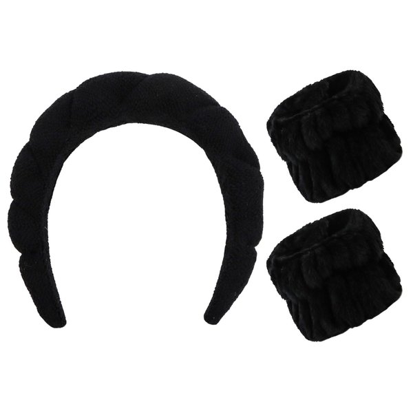 Casoty Black Puffy Headband and Wristbands Set, Skincare Headbands, Spa Headband and Wristband Set, Makeup Hair Band for Face Washing Shower Yoga
