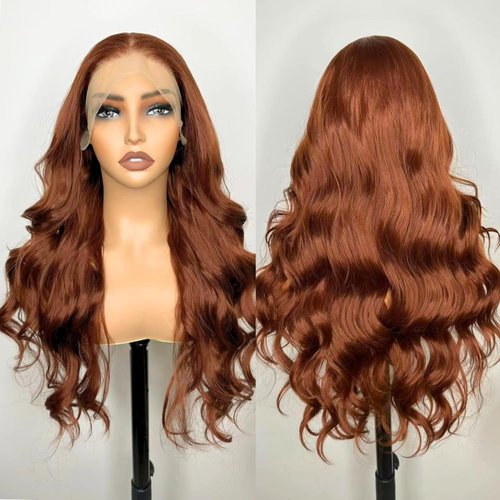 LOLYDEER Reddish Brown Synthetic Lace Front Wig Long Body Wave Lace Front Wigs 13X6 Transparent Lace Frontal Wig For Women Long Wavy Reddish Wigs Pre Plucked With Baby Hair