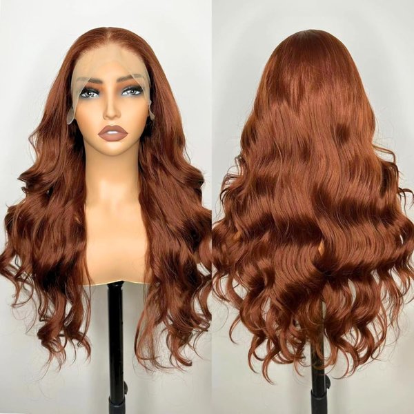 LOLYDEER Reddish Brown Synthetic Lace Front Wig Long Body Wave Lace Front Wigs 13X6 Transparent Lace Frontal Wig For Women Long Wavy Reddish Wigs Pre Plucked With Baby Hair