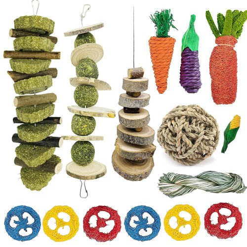 Allazone 15 PCS Rabbit Chew Toys, Bunny Chew Toys Small Animal Chew Toys, Grass Cake Loofah Carrot Toy, Natural Materials by Handmade for Rabbits, Chinchillas, Guinea Pigs, Hamsters