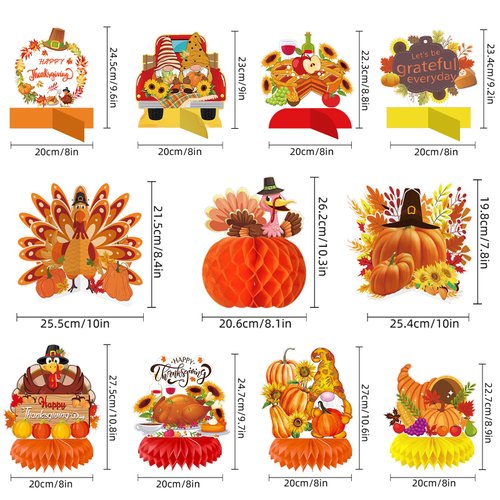 11 Pack Thanksgiving Honeycomb Centerpiece Fall Party Decorations Supplies 3D Autumn Fall Thanksgiving Centerpieces for Tables Happy Friendsgiving Thanksgiving Party Decorations Supplies