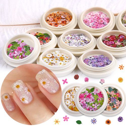 MAIOUSU STORE 9 Boxes 450pcs 3D Flower Nail Art Sequins Decals(not self-Adhesive not Stickers) Colorful Mixed Flowers Leaves Design Slice Nail Flowers Ultra Wood Pulp Flakes Sequins(Type 3)