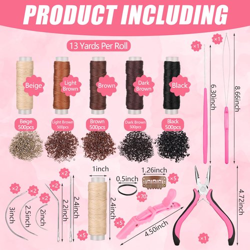 Youdaju 48 Pcs Hair Extension Tools Kit with Plier,Silicone,Lined Micro Rings,Sewing Thread,C/J/I Needle,Threader,Crochet Hook,Rubber Band,Clip Hair Tinsel Kit for Girl Women Sewing Wig DIY Craft