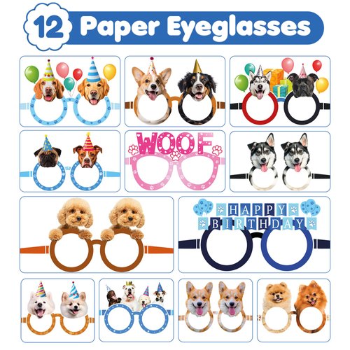 MDNHIO 36PCS Dog Party Favor 24PCS Tattoos 12PCS Paper Eyeglasses Puppy Themed Paper Photo Booth Props Birthday Party Decorations Dress Up Cute Style Funny Sunglasses Supplies Photography