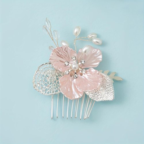 CASOLVX Bridal Small hair comb Crystal Hollow Leaf flower side comb suitable for brides bridesmaids and flower girls with wedding or Children's party 2PCS (Pink)