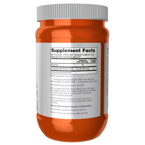 NOW Foods Sports Nutrition, L-Glutamine Pure Powder, Nitrogen Transporter*, Amino Acid, 1-Pound
