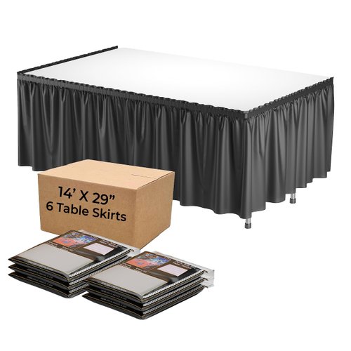 Exquisite Black Table Skirt 6 Pack 29" X 14' Disposable Plastic Table Skirts for Rectangle Tables 6ft + or Round Tables - Ruffle Table Skirt with Adhesive Strip - Gender Reveal Decor & Party