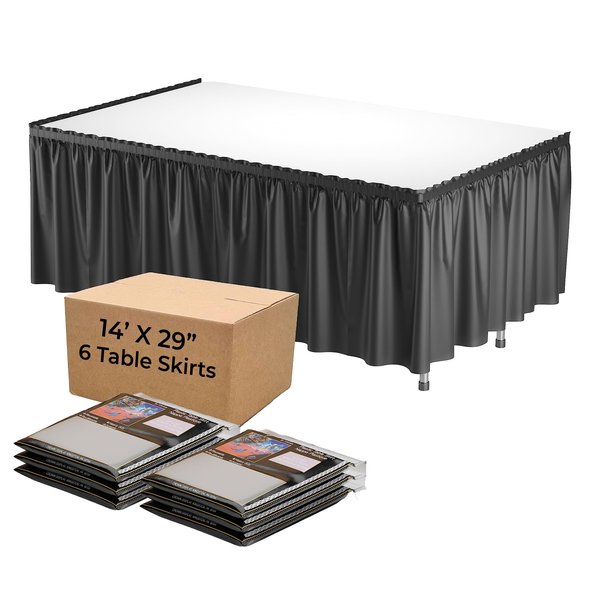 Exquisite Black Table Skirt 6 Pack 29" X 14' Disposable Plastic Table Skirts for Rectangle Tables 6ft + or Round Tables - Ruffle Table Skirt with Adhesive Strip - Gender Reveal Decor & Party
