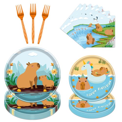 Rakuto Capybara Birthday Party Decorations - 96PCS Capybara Plates and Napkins Forks Disposable Cute Capybara Plates Animals Themed Dinnerware Set Party Decorations Tableware Supplies Serve 24