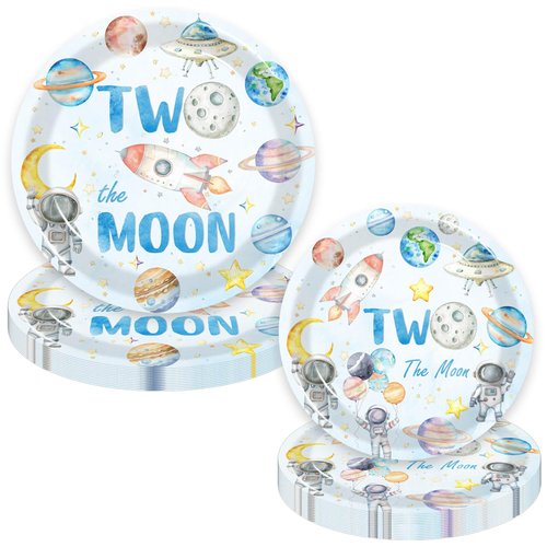 80 Pcs Space 2nd Birthday Party Supplies, Two the Moon Plates Napkins Forks Tableware Kit for Outer Space Man Galaxy Astronaut Theme Boys 2nd Birthday Party Supplies Decorations-20 guests