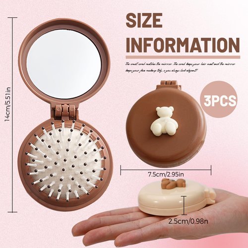 3 Pack Foldable Travel Hair Brush with Compact Mirror, Folding Pocket Hairbrush for Women Men Purse, Portable Mini Air Cushion Hair Comb for Detangling Massage Fine Thick Curly Hair (3PCS)