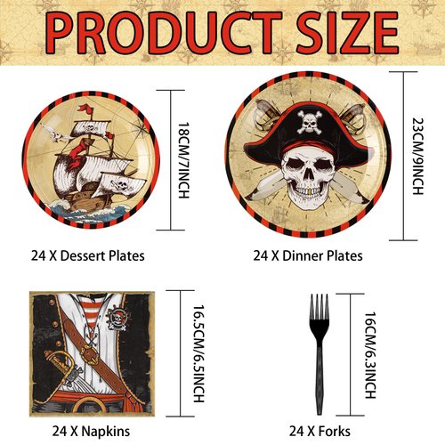 96 Pcs Pirate Party Supplies Tableware Set 350 GSM Pirate Plates Napkins Forks for Adult Teen Children Birthday Party Pirate Party Favors Treasure Theme Party Halloween Decorations Serves 24