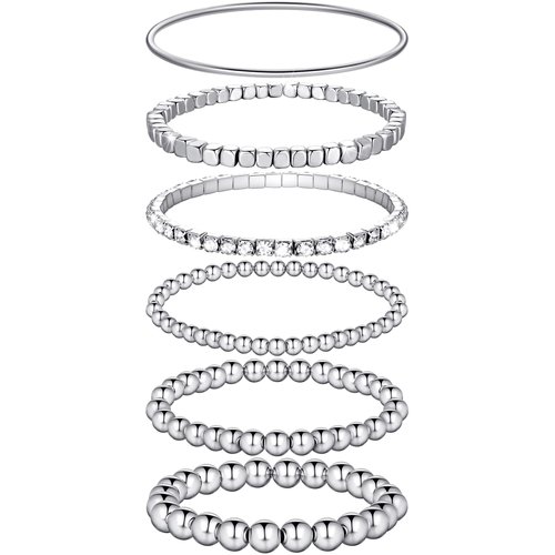 6 Pieces Bracelets Set for Women Stackable Elastic Bead Ball Bracelet Thin Bangle Bracelet Stretch Cubic Bead Bracelet Tennis Bracelet with Round Moissanite (Silver)