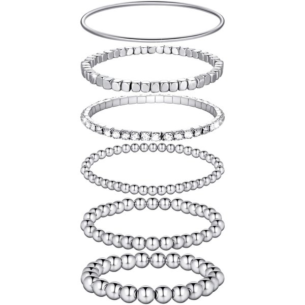 6 Pieces Bracelets Set for Women Stackable Elastic Bead Ball Bracelet Thin Bangle Bracelet Stretch Cubic Bead Bracelet Tennis Bracelet with Round Moissanite (Silver)