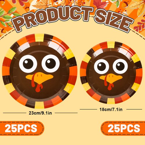 Whaline 40Pcs Thanksgiving Turkey Paper Plates Fall Round Disposable 9.1 & 7.1Inch Decorative Tableware for Autumn Thanksgiving Party Supplies Catering Table Decor