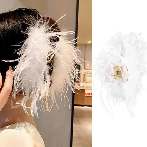Claw Hair Clip Ostrich Fluffy Fur Hair Ponytail Shark Clip for Women Halloween Carnival Birthday Party (White)