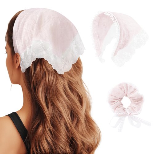 DOCILA Lace Flower Headbands & Matching Hair Tie Scrunchies Set Women Retro Sweety Triangle Hair Cover Bandanas Non Slip Seersucker Cotton Hair Head Bands Soft Head Wrap Pink