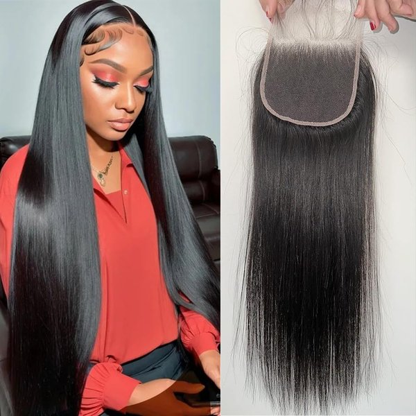 Mstoxic 4X4 Straight HD Lace Closure Human Hair Extensions 12A Brazilian Virgin Remy 100% Unprocessed Human Hair Frontal Free Part Closure Only Pre Plucked With Baby Hair Natural Black 14 Inch