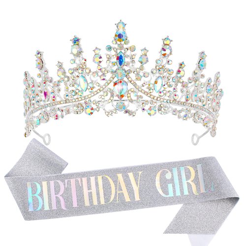 VELSCRUN Birthday Tiara Crowns for Women Girls AB Silver Crystal Birthday Girl Headband Sash Elegant Princess Crown Happy Birthday Party Decorations Women Sisters Birthday Gift Hair Accessories
