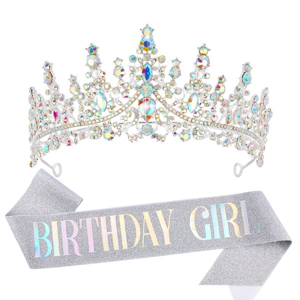 VELSCRUN Birthday Tiara Crowns for Women Girls AB Silver Crystal Birthday Girl Headband Sash Elegant Princess Crown Happy Birthday Party Decorations Women Sisters Birthday Gift Hair Accessories