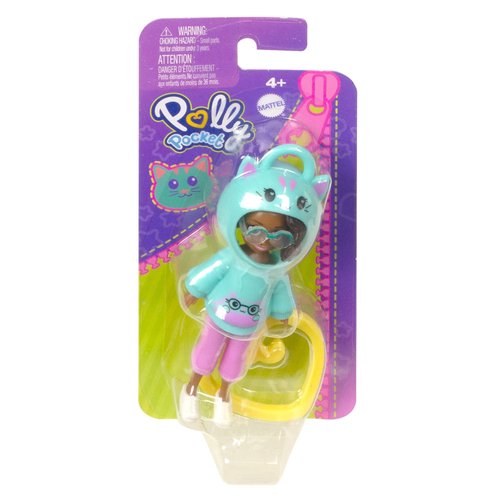 Polly Pocket Friend Clips Shani Doll with Cat Hoodie and Yellow Heart Shaped Clip, Gift for Kids Ages 4+