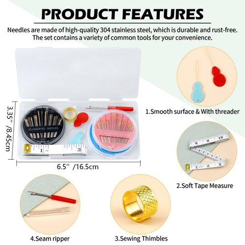 Premium Hand Sewing Needles Set,FIVEIZERO 90-Count Assorted Embroidery Needles with threaders,Thread Removal Knife, Thimble,Soft Tape Measure for Hand Sewing Repair