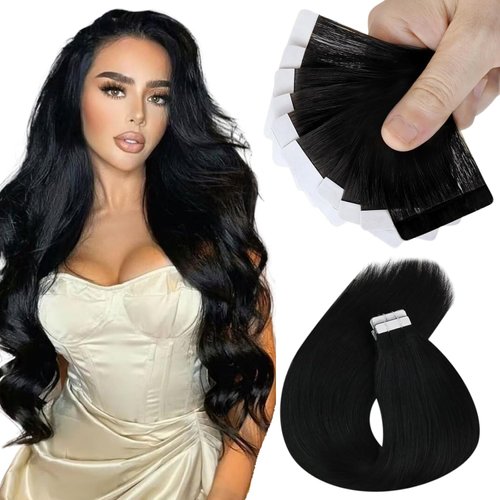 Sunny Hair Black Tape in Hair Extensions Human Hair Jet Black Tape in Hair Extensions Real Human Hair Extensions Tape in Black Hair Extensions Real Human Hair 10pcs 22inch