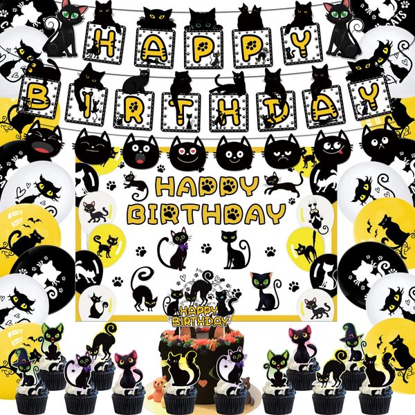 Cat Themed Party Decoration Black Cat Birthday Party Supplies Set Includes 5 x 3ft Black Cat Backdrops, Cat Happy Birthday Banner, Cake Topper, Cupcake Toppers, Balloons