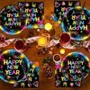 96Pcs Happy New Year Plates and Napkins Glow in the Dark Neon Tableware Set 2025 New Year Eve Party Decorations Disposable Paper Dinnerware Set Holiday Party Supplies for Kids and Adults Serves 24