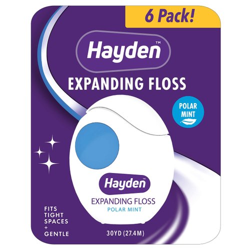 Hayden Expanding Dental Floss | 6 Pack | Polar Mint Woven Floss with Anti Tartar Actives for Gentle Care | 180 Yards