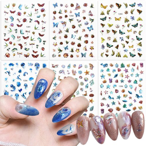 Cute Sea Animal Nail Art Stickers, Laser Little Animal Self-Adhesive Sticker Design, 3D Butterfly Birds Dragonfly Jellyfish Conch Shell Nail Transfer Decals for Women Girls Manicure Beach Decorations