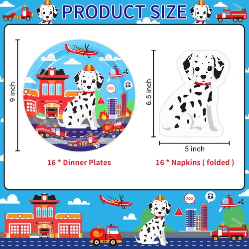 DYLIVeS Firetruck and Dog Plates Napkins Set, Fire Station Fire Dog Dinner Plates Spotted Dogs Napkins Disposable Tableware Fire Truck Birthday Decorations Firedog Party Supplies for Kids, Serve 16