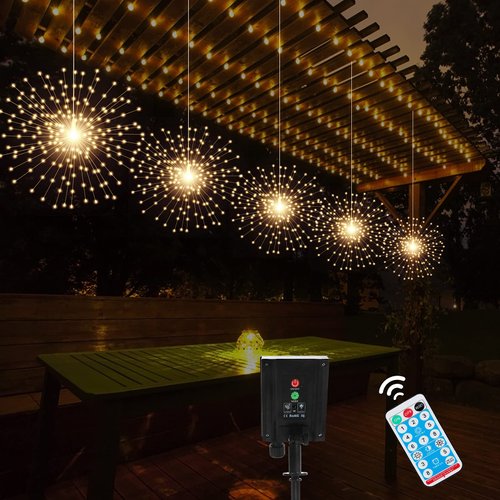 PXBNIUYA 5 Pack Solar Starburst Sphere Lights,200 LED Firework Lights, 8 Modes Dimmable Waterproof Hanging Fairy Light, Copper Wire Lights for Patio Parties Christmas (Warm White)