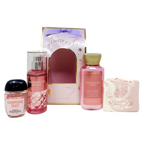 Bath & Body Works Champagne Toast - Mini Gift Set - Fine Fragrance Mist, Body Lotion and Hand Gel With a Himalayan Salts Springs Sample Soap.