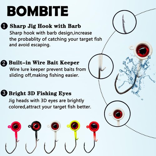 Bombite 40pack Crappie Jig Heads,Crappie Jigs Fishing Jig Heads Hook Lure Fishing Jigs Heads for Crappie Bass Fishing 1/16oz