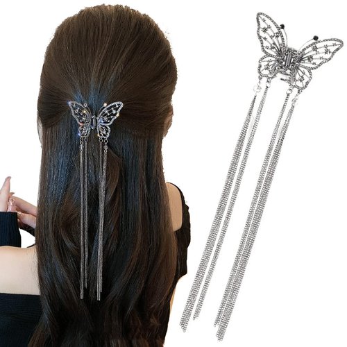 Crystal Rhinestone Metal Pearl Hair Claw Clip with Tassel - Fashion Hair Accessory for Women and Girls (Silver Gray)