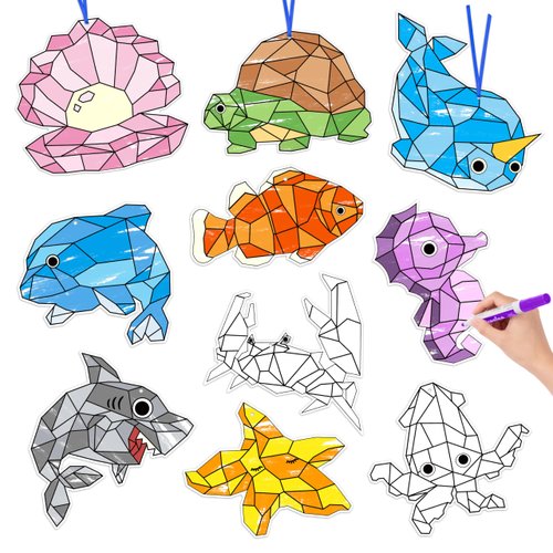 BeYumi Coloring Ocean Animals Kit - 83Pcs Color Your Own Ocean Animals Kit for Kids DIY Coloring Craft Kit Coloring Sea Animals Geometric Card Decor School Classroom Summer Party Activity Art Craft