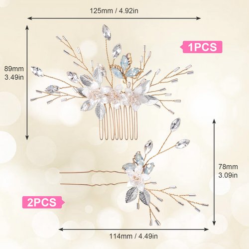 PAGOW 3 Pack Floral Leaf Hair Combs, Gold Rhinestone Crystal Hair Comb Clips, Hair Side Comb Clips, Fashion Hair Barrette Crystal Wedding Headpiece Hair Accessories For Bride, Bridesmaid, Women, Girls