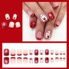 Christmas Short Square Fake Acrylic Nails with Red French Tip, Snowflake Designs, and Winter Xmas Nail Art for Women and Girls