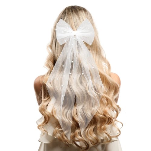 Yolev Bridal Hair Bow Veil with Pearl White Wedding Veil with Barrette Short Tulle Hair Accessories for Bachelorette Party Bridal Shower
