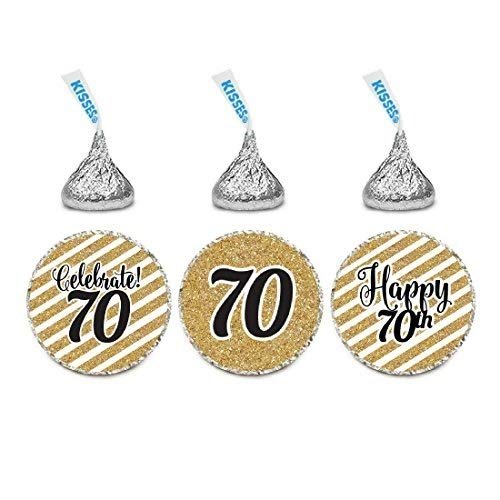 Andaz Press Milestone Chocolate Drop Labels Trio, Fits Kisses Party Favors, Celebrate 70, 70th Birthday or Anniversary, 216-Pack, Printed Gold Glitter, Not Real Glitter