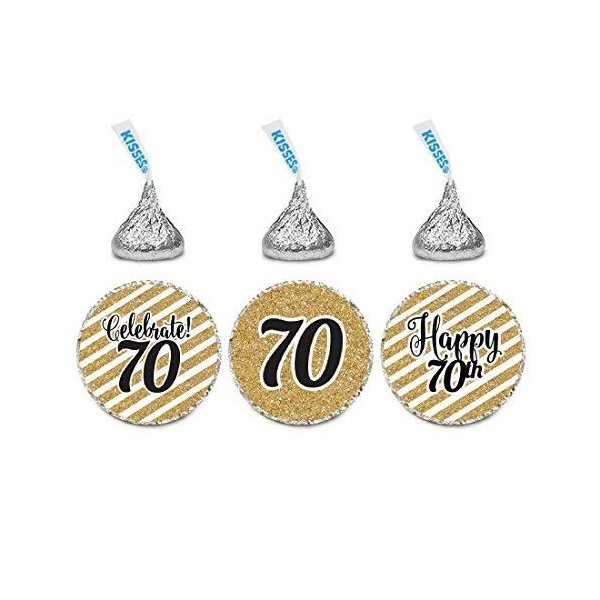 Andaz Press Milestone Chocolate Drop Labels Trio, Fits Kisses Party Favors, Celebrate 70, 70th Birthday or Anniversary, 216-Pack, Printed Gold Glitter, Not Real Glitter