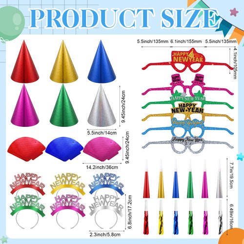 Halloscume 36 Pcs Happy New Years 2025 Eve Party Supplies,6 Party Cone Hats 6 Headbands 12 Eyeglasses 6 Horns 6 Noise Makers
