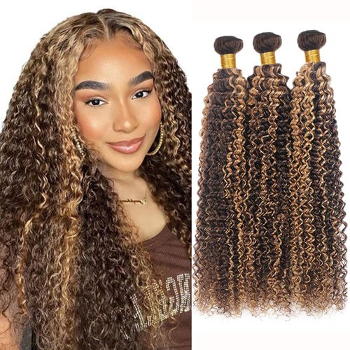 P4/27 Highlight Human Hair Bundles Curly Bundles Human Hair 14 16 18Inch Human Hair Curly Human Hair Bundles Ombre Brown Bundles Human Hair Double Weft Hair Extensions (P4/27-JC-14 16 18)