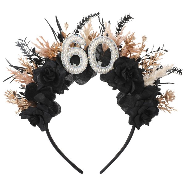 PartyforU 60th Birthday Headband for Women - 60th Birthday Crown Black Happy 60th Birthday Headband for Mom Grandma 60 Year-old Gifts for Her Birthday Party Accessory