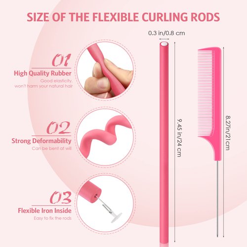 Chuangdi 20 Pcs Flexible Curling Rods, Soft Foam No Heat Hair Rollers Curlers and Steel Pintail Rat Tail Comb, for Women Girls Long and Short Hair (Dark Pink, 0.31 x 9.4 Inch)