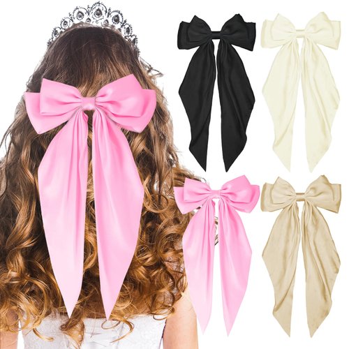 LSxia 4PCS Hair Bows for Women, [Black &amp; Pink &amp; Khaki &amp; Beige White] Hair Bows for Hair, Big Silk...
